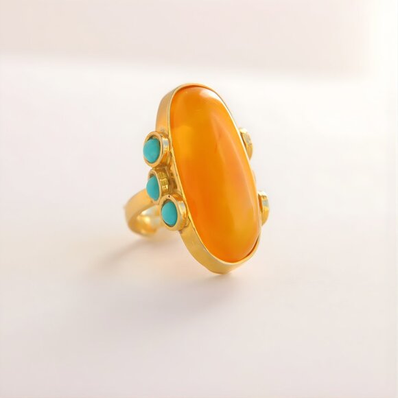 Baltic Amber and Turquoise Gold Ring- 14k Gold Plated Sterling Silver - Picture 1 of 9